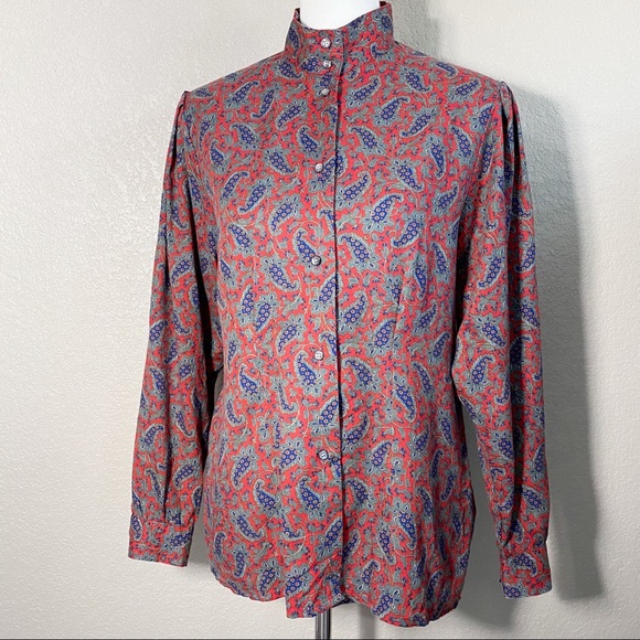 Vintage Red Paisley Mock Neck Puff Sleeve Button Up Blouse Med - Picture 1 of 9